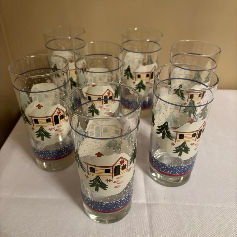 7 - 14 oz Glassware Tumbler Holiday Mountain Lodge by Living Quarters 6.25”